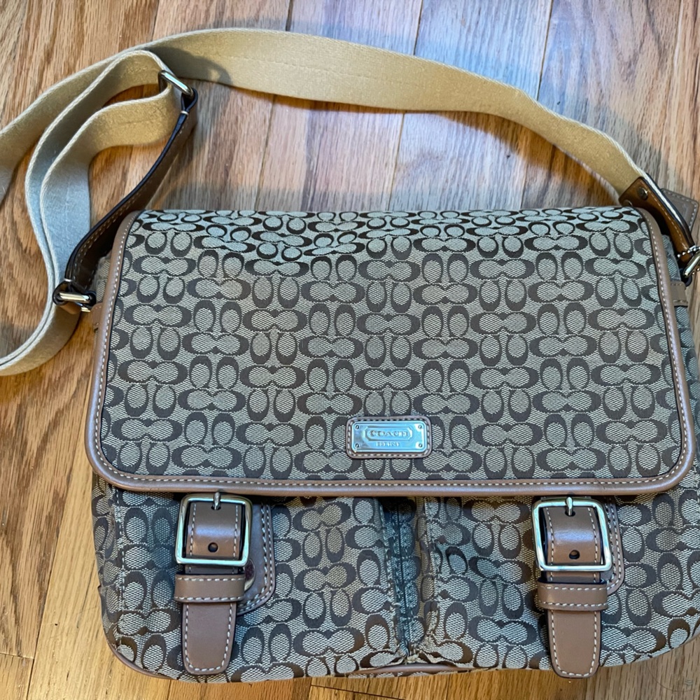 Coach Tan and Brown Signature Messenger Bag